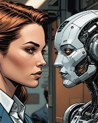 Portrait einer Frau gegen Portrait eines Roboters