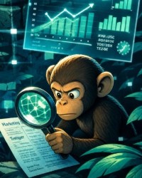 Ein kleiner Affe untersucht im Datendschungel ein Dokument mit einer Lupe.