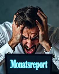 Ein Mann erschreckt vor einem MOnatsreport