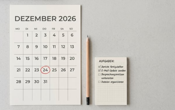Ein Kalender auf einem leeren Schreibtisch, daneben ein Bleistift und ein Notizblock. Der Kalender ist für Dezember 2026.